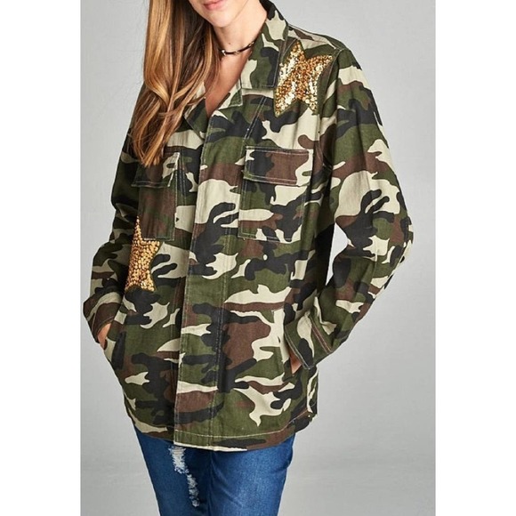Ellison Glam Fighter Camo Jacket Medium Sequin Stars Military Style - Picture 1 of 12